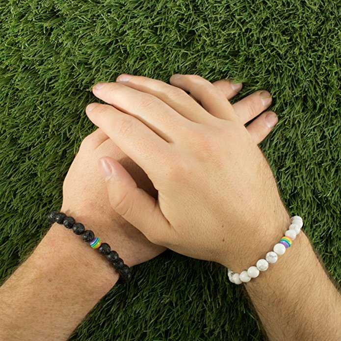 LGBT Relationship Bracelet 2 Pieces White Howlite, Black Lava Rock, Rainbow Resin Oil Diffuser Beads Gay Couples Strong Cord Handmade