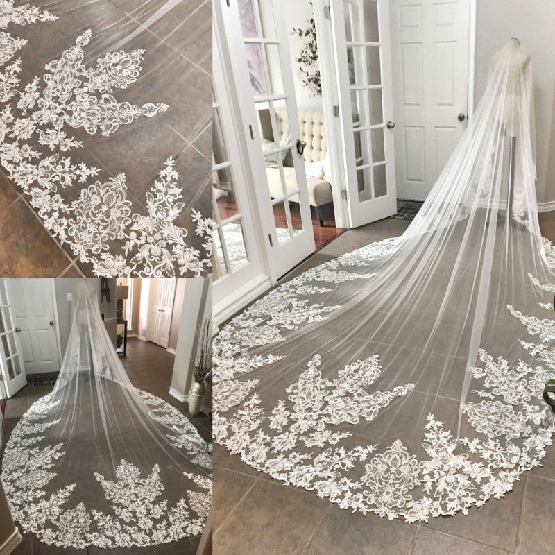Vintage Ivory White Cathedral Length Wedding Veils 1T One Layer Lace Appliqued Bridal Veil with Comb