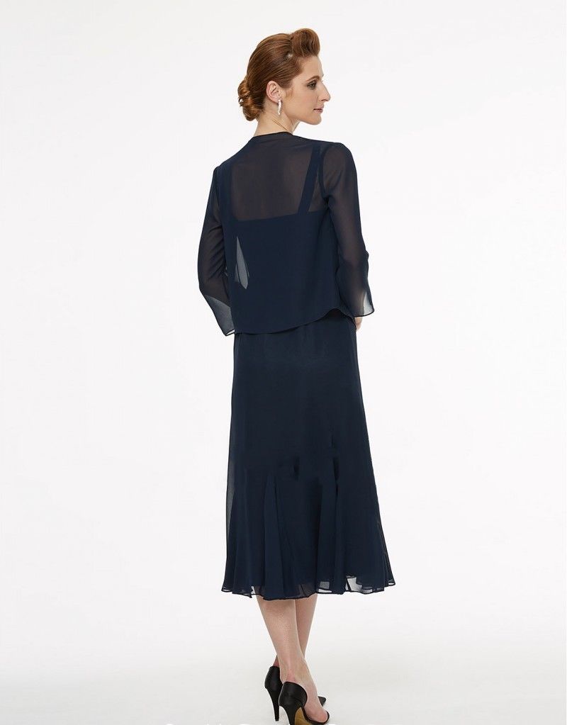 Navy Beaded Mother of the Bride Dresses With Jacket Tea Length Wedding Party Formal Evening Gowns Plus Size Mothers Groom Dress