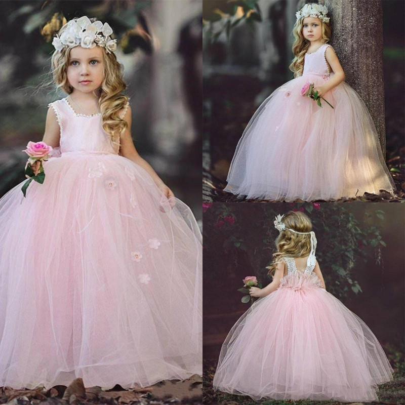Sweet Puffy Tulle Flower Girl Dresses Cute Princess Little Girls Pageant Dress Toddler Blush Pink Wedding Party Brithday Graduation Dress