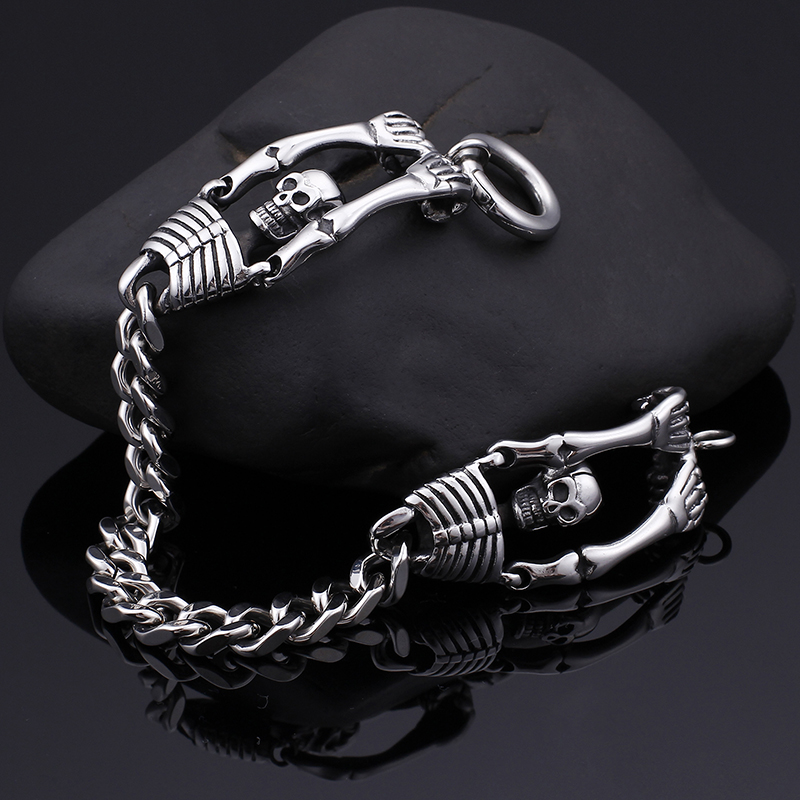 Double Skeleton Stainless Steel Bracelet Punk Men's Ancient Silver Thick Heavy Hip Hop Rock Bangle Jewelry