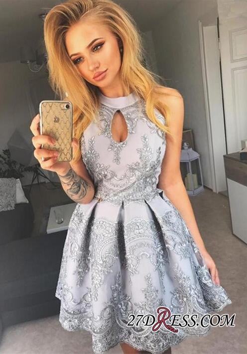 Halter Keyhole 2018 Homecoming Dress Lace Appliques Sleeveless Sexy Short Dress Party Wear Prom Dress A Line Plus Size Evening Gowns