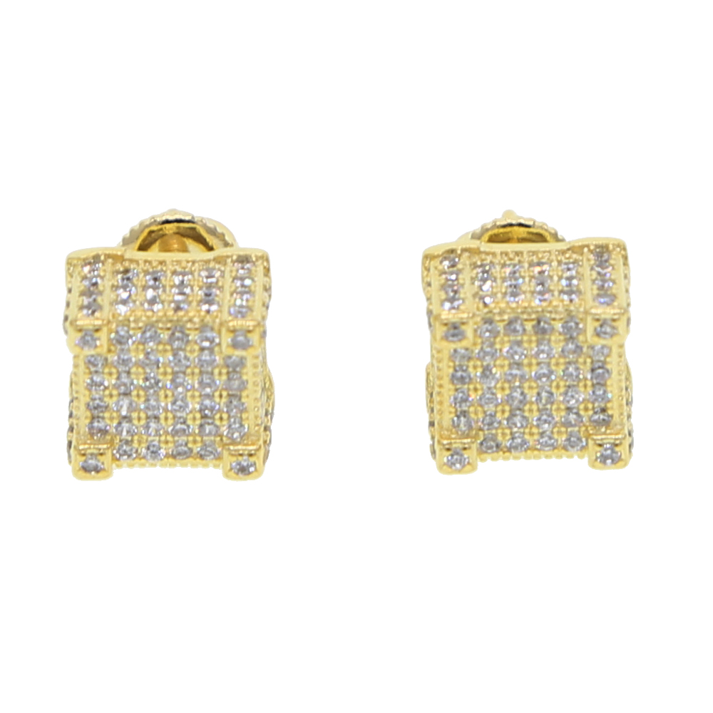 Men's Hip Hop Gold Screw Earrings: Iced Out Square-Shaped CZ Micro-Paved Studs