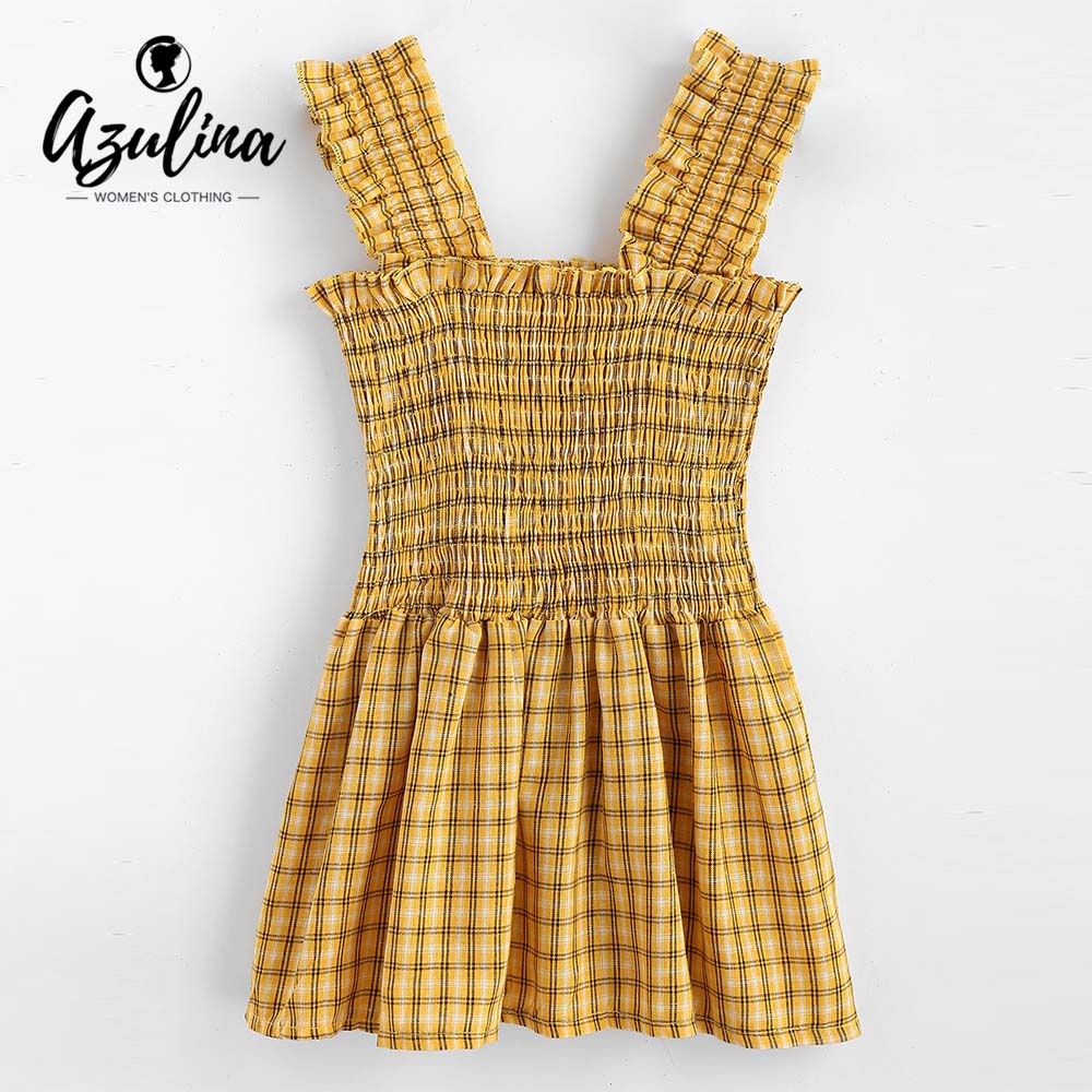 AZULINA Plaid Smocked Crop Blouse Women Blouses Shirts Square Neck Sleeveless Ruffles Top Summer Casual Girls Tops Blusas Mujer, Yellow
AZULINA Plaid Smocked Crop Blouse Women Blouses Shirts Square Neck Sleeveless Ruffles Top Summer Casual Girls Tops Blusas Mujer, Yellow