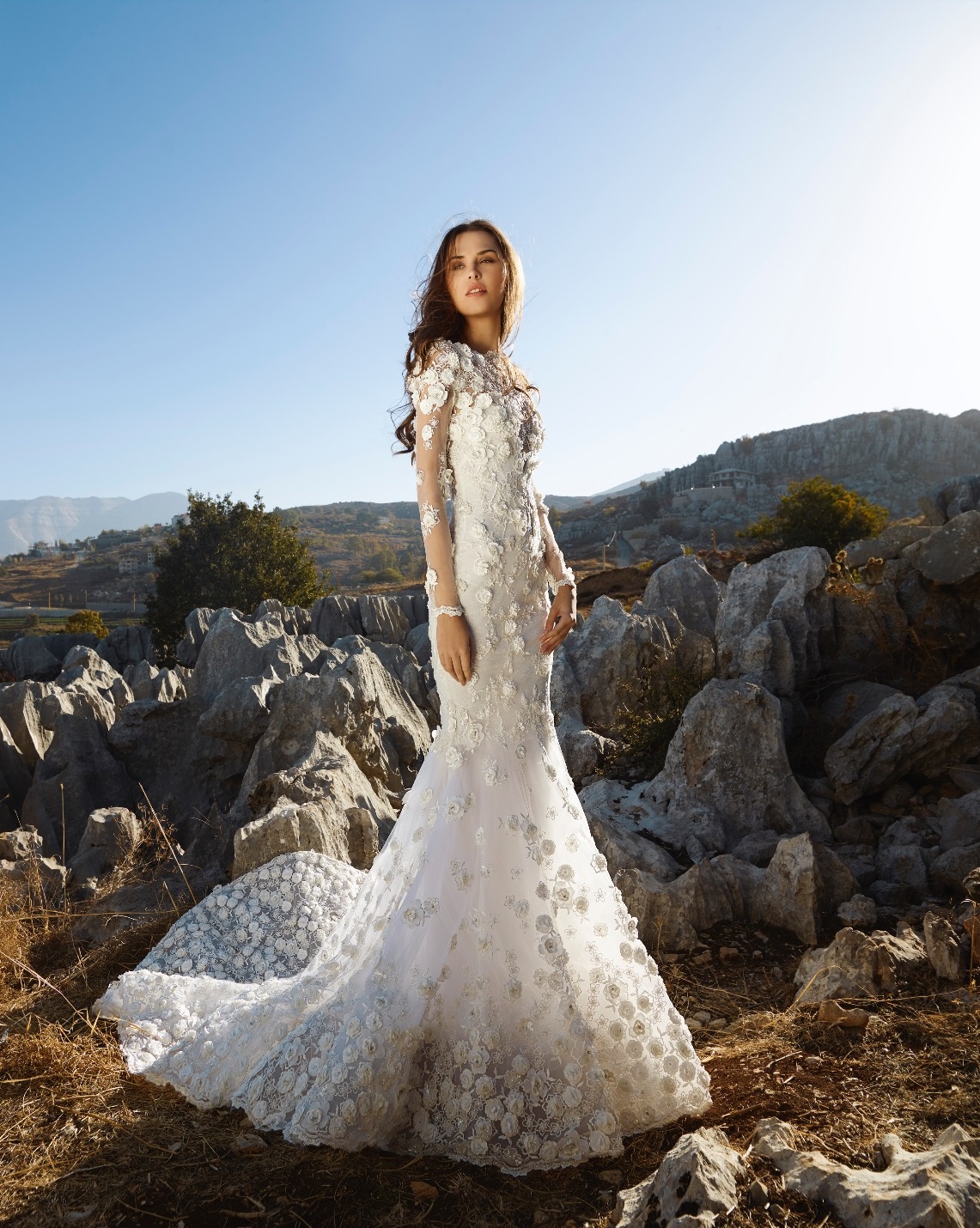 Tony Ward Mermaid Dresses With Long Sleeve Lace Tulle 3D ral Applique Beads Bohemian Wedding Gowns Sweep Train Plus Size Bride