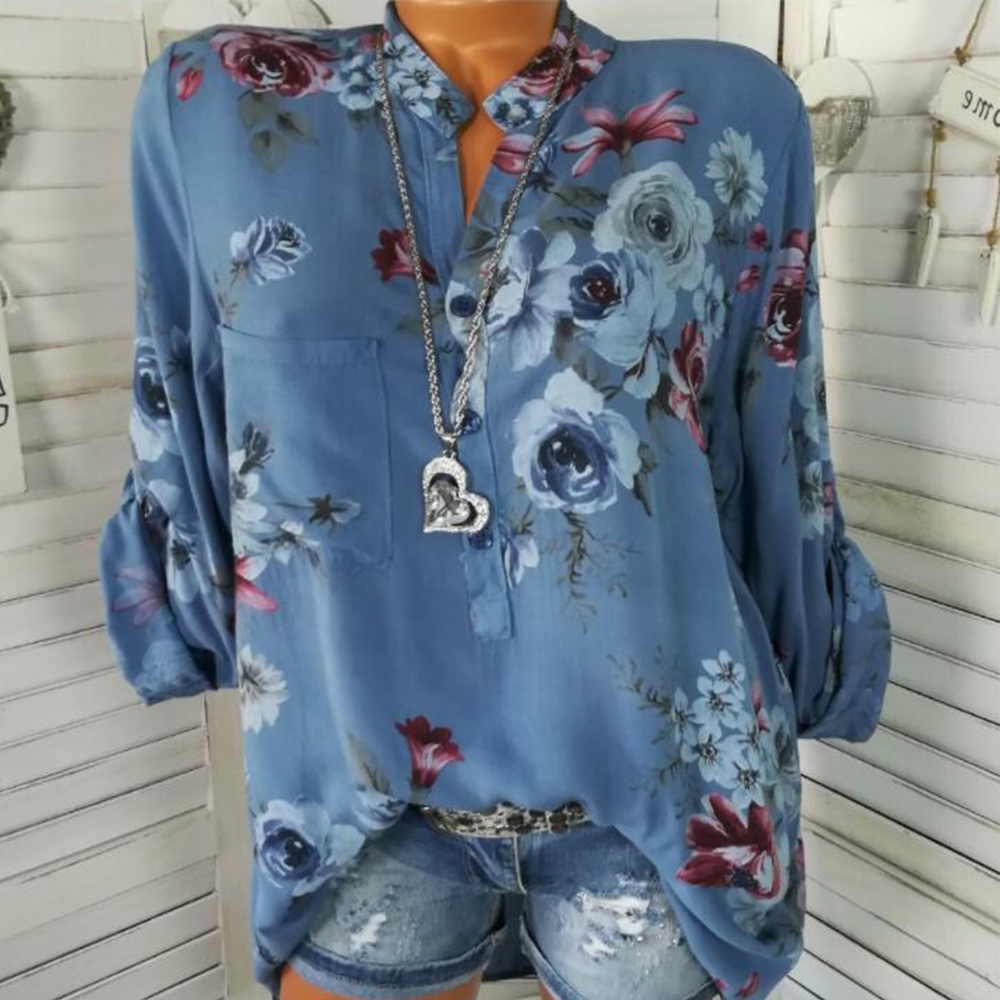 5XL Plus Size Tops Flower Printed V Neck Long Sleeve Womens Tops And Blouses Summer Autumn Pockets Buttons Shirt Blusa Ladies D18103104 - view 3