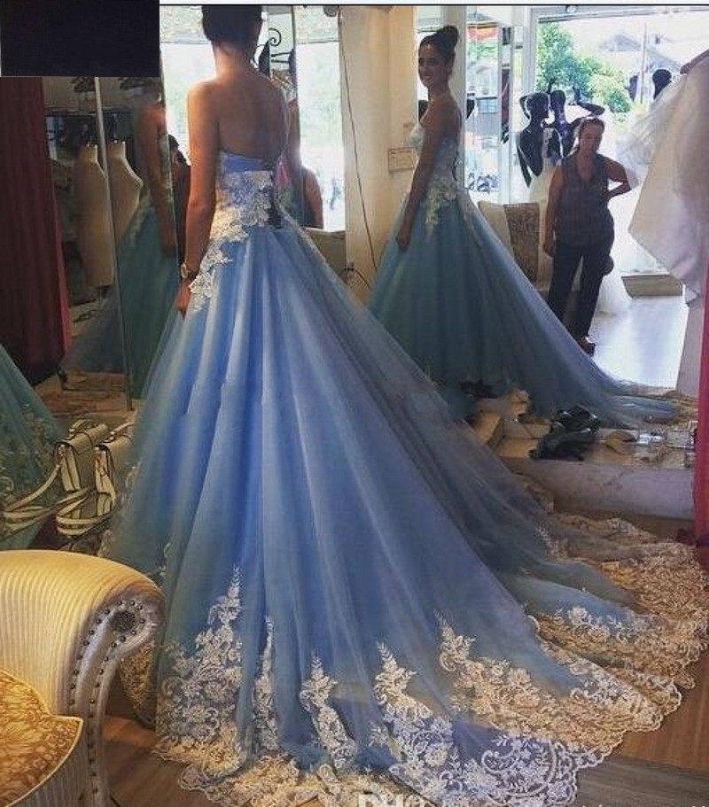 Gorgeous Country Style Blue Wedding Dresses Fall 2018 Sweetheart Puffy A Line Chapel Trai Ivory Lace and Sky Blue Tulle Vestido De Novia