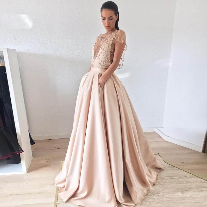 2018 Luxury Champagne Satin Evening Dresses Deep V Neck Embroidery Pearl Cap Sleeves Evening Gowns With Pockets Formal Prom Dresses, Same as picture
2018 Luxury Champagne Satin Evening Dresses Deep V Neck Embroidery Pearl Cap Sleeves Evening Gowns With Pockets Formal Prom Dresses, Same as picture