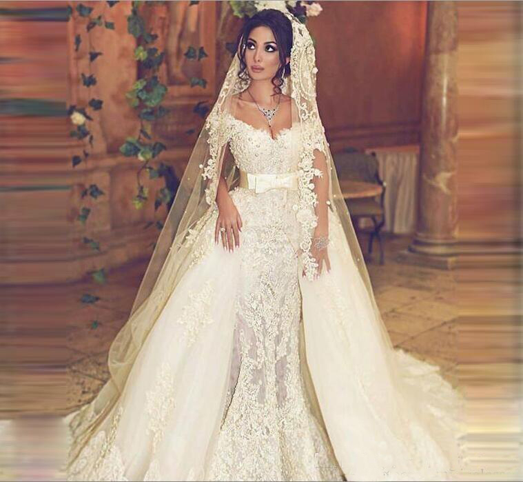 Vintage Dresses Overskirts Off Shoulder Sash Mermaid Lace Wedding Dress With Detachable Tulle Count Train Bridal Gowns 0521