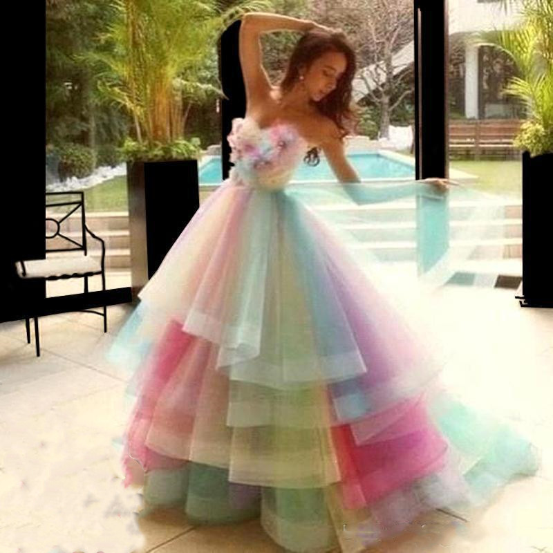 Rainbow Colorful Puffy Prom Dresses Sweetheart Hand Made wers Appliqued Long Sweet 16 Dress Teen Girls Women Pageant Evening Gowns