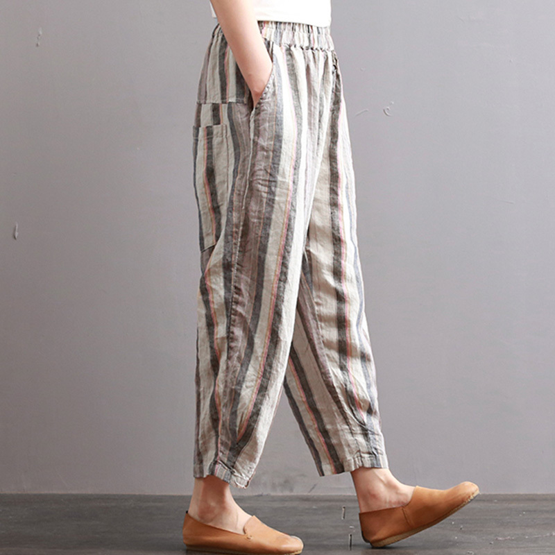 ZANZEA 2018 Women Elastic Waist Striped Casual Cotton Linen Retro Long Harem Pants Loose Pockets Pantalon Trousers Plus Size C18110901