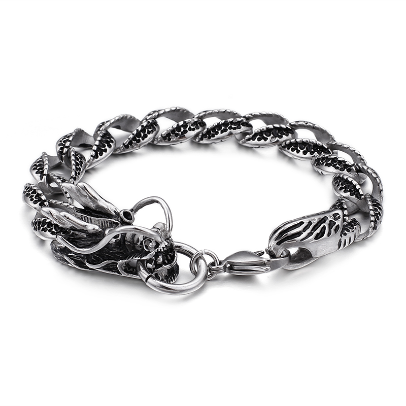 Men's Thick Heavy Stainless Steel Bracelet Classic Chinese Dragon Head Buckle High Polished Double Layers Snake Chain Bracelets