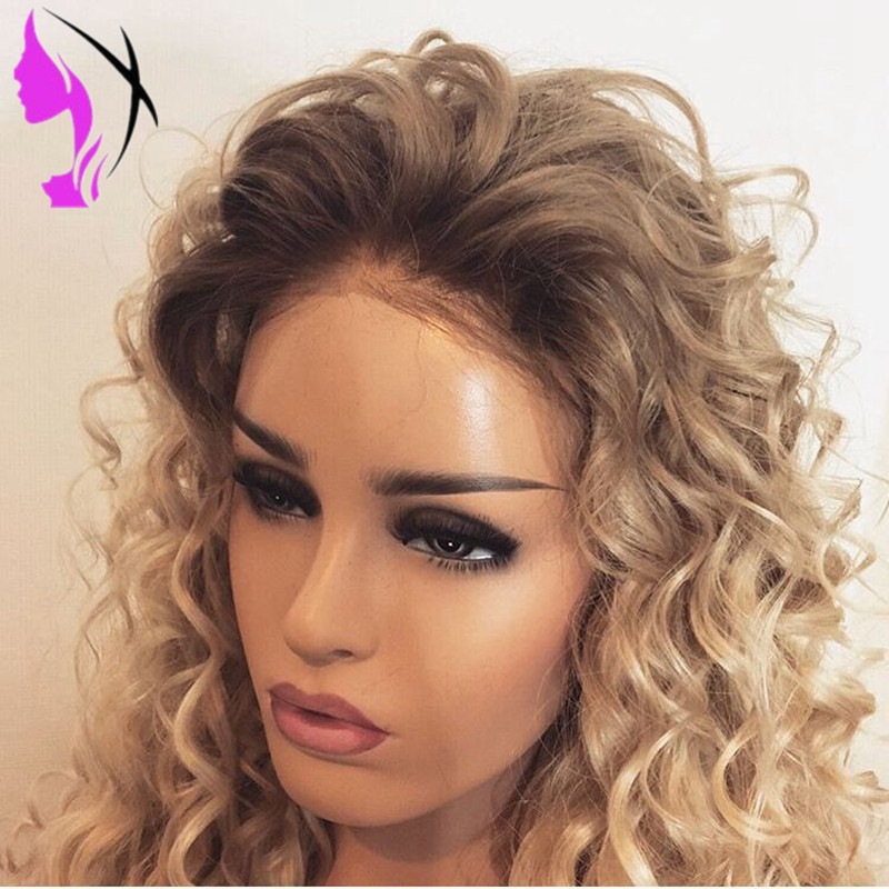 New brown roots with blonde color ombre wigs Heat Resistant two tone afro kinky curly synthetic lace front wig for africa american