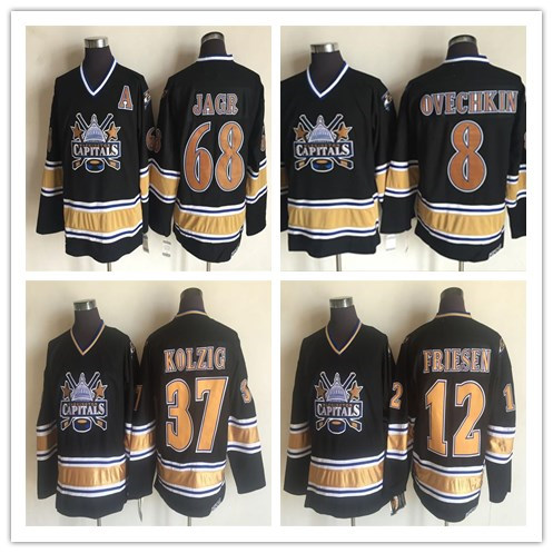 Men's 1990 Vintage Washington Capitals Hockey 37 LANGWAY KOLZIG 12 JEFF FRIESEN 32 DALE HUNTER 8 Ovechkin 68 JAGR Black Retro CCM Jerseys, Yellow
Men's 1990 Vintage Washington Capitals Hockey 37 LANGWAY KOLZIG 12 JEFF FRIESEN 32 DALE HUNTER 8 Ovechkin 68 JAGR Black Retro CCM Jerseys, Yellow