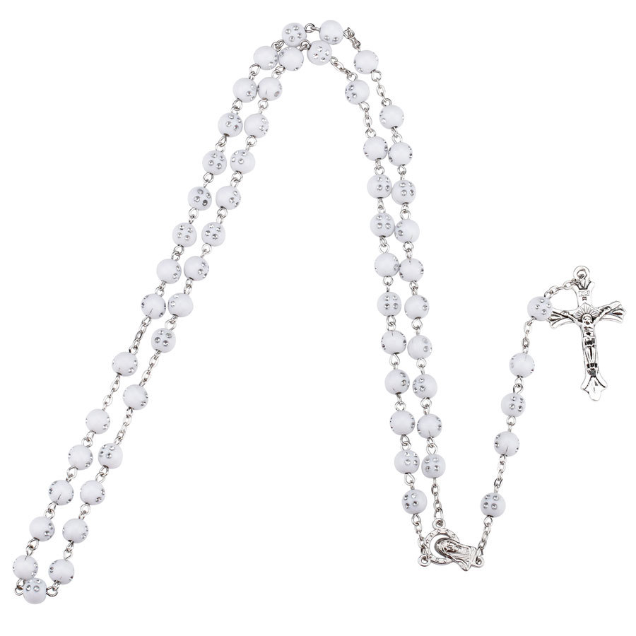 8mm New White Rosary Beads Religious Catholic Rosary Necklace Five-Decade Rosary Prayer Jesus Crucifix Stars Mary Centerpiece