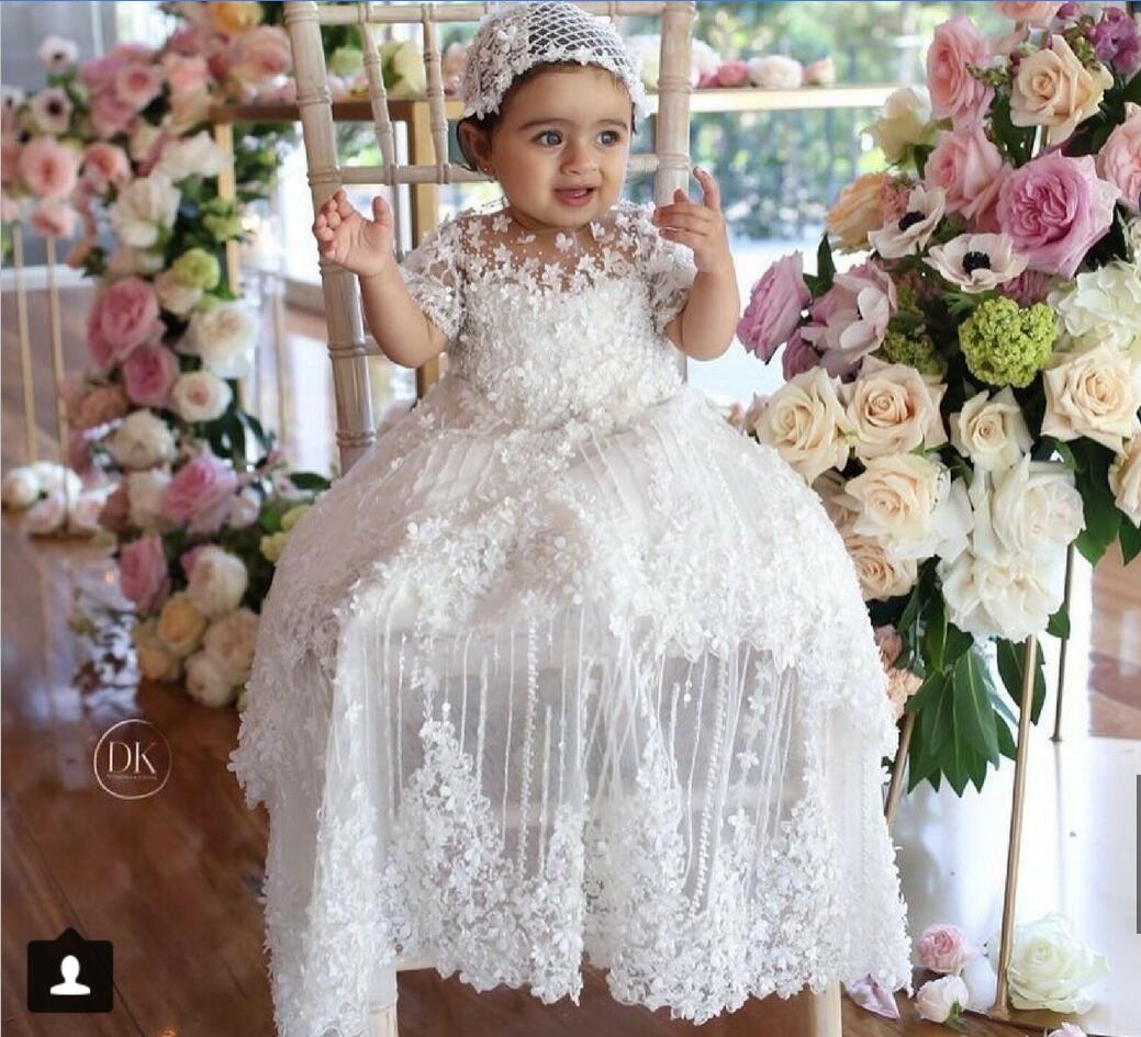 First Communion Dresses for Girls Jewel Neck Short Sleeve Lace Appliques Beaded Long Christening Gown With Hat Top Quality