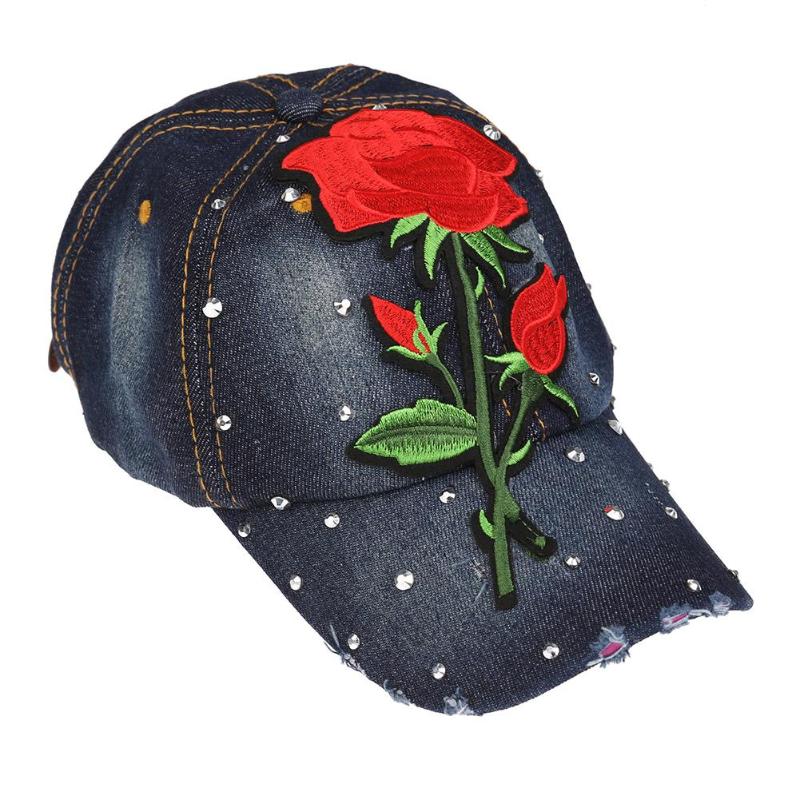 Bling Rhinestone Flower Denim Baseball Cap Women Fashion Embroidery Rose Snapback Hat Size Adjustable Caps