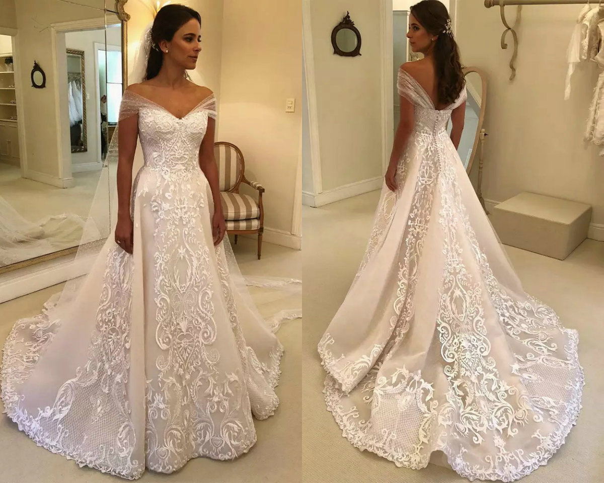 Country A Line Lace Wedding Dresses Off Shoulder Appliques Court Train Plus Size Bridal Gown Backless Wedding Skirt vestido de novia