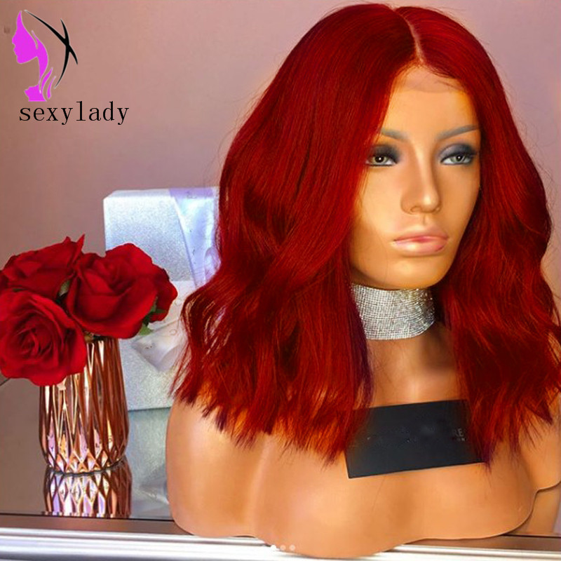 Red Natural Wave short lace front wig synthetic hair Heat Resistant Hand Tied Cosplay Party bob Wigs For Women Masquerade Makeup