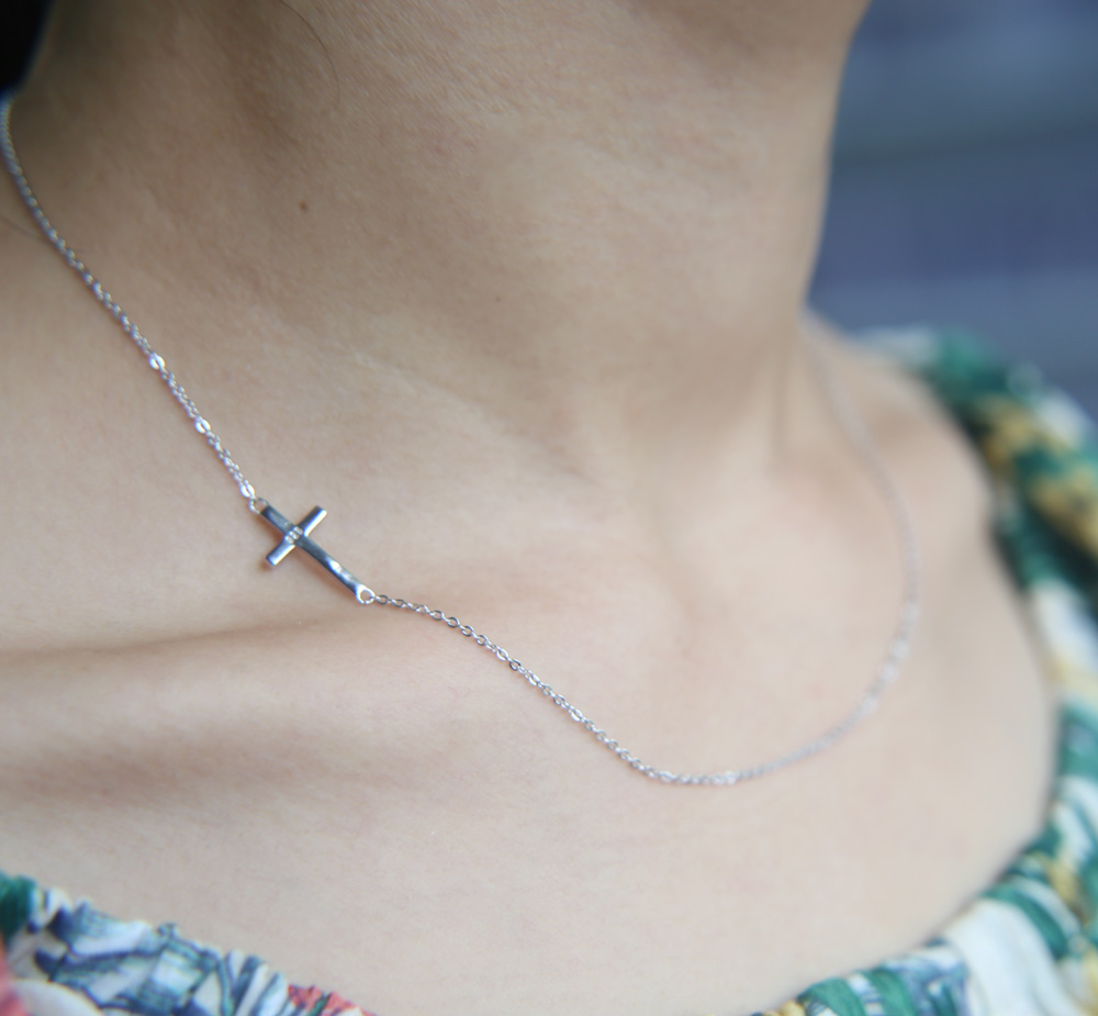 classic sideway necklace sterg sier dainty chain Simple minimal cross charm delicate women girl chains