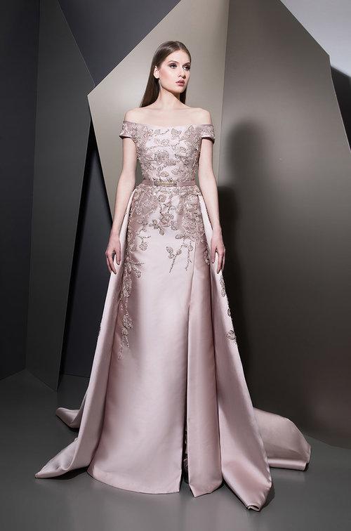Ziad Nakad 2018 Prom Dress Off Shoulder Satin Side Split Appliqued Evening Dresses With Detachable Sweep Train