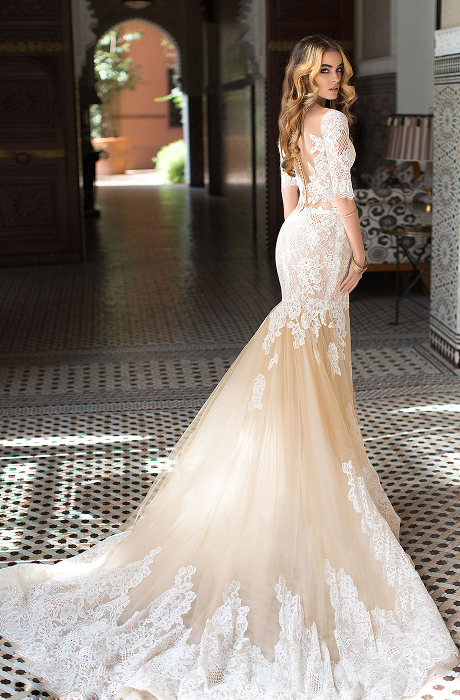 Clay Mermaid Lace Wedding Dree Sweetheart Neck Half Sleeve See Through Utton Ack Ridal Gown Trumpet Sweep Train Vetido De Novia
