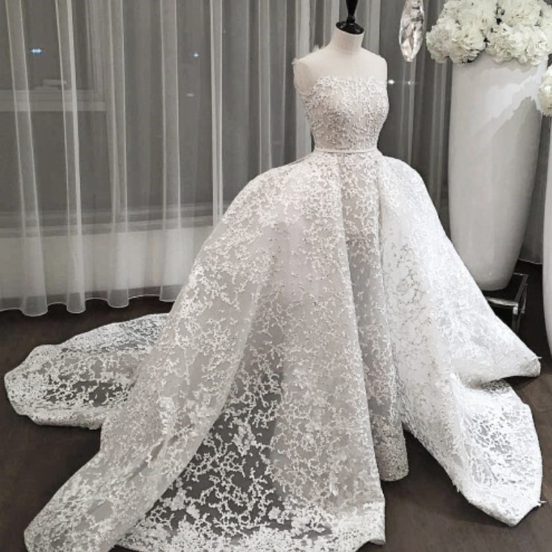 Dubai Glamorous Mermaid Wedding Dresses With Overskirt Sexy Strapless Full Lace Ball Gown Bridal Dress Saudi Arabia Princess Wedding Gowns
