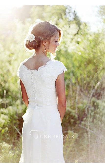 Modest Lace Wedding Dresses V Neck Cap Sleeve Sweep Train Appliqued Country Mermaid Bridal Dress Custom Made Cheap Wedding Gowns