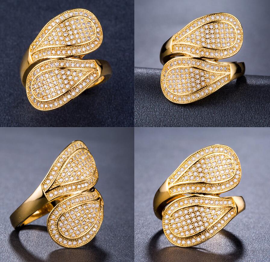 Cool Lovers' Ring for Women Sparkling Luxury Jewelry 18K Yellow Gold Filled Pave Micro White Sapphire CZ Diamond Wedding Band Leaf Ring Gift