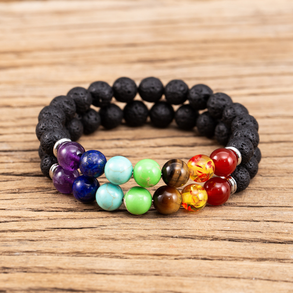 Natural 8mm Lava Stone 7Chakra Bracelet Essential Oil Diffuser Bracelet for women men Yoga bracelet