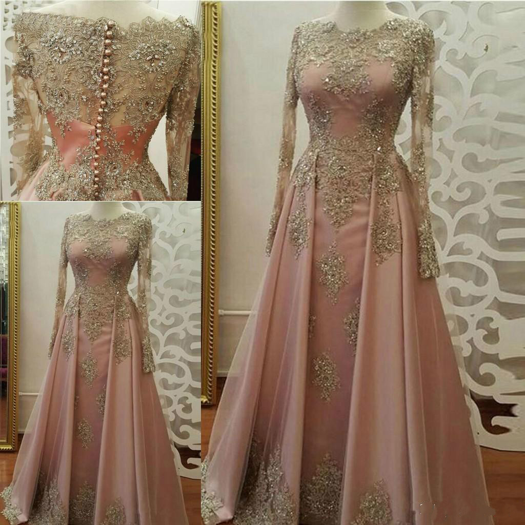 Elegant Blush Lace Applique Gold Evening Dresses Crystal Pearl Abiye Dubai Caftan Muslim Prom Party Gowns With Long Sleeves, Dark red 
Elegant Blush Lace Applique Gold Evening Dresses Crystal Pearl Abiye Dubai Caftan Muslim Prom Party Gowns With Long Sleeves, Dark red