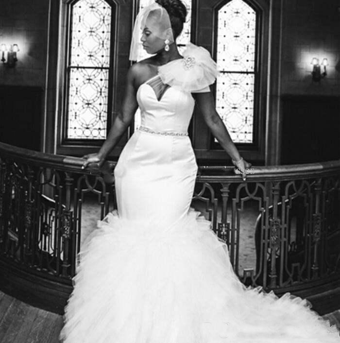 One Sexy Shoulder Plus Size Sheer Neck Tulle Beaded Mermaid Court Train Bridal Gowns African Customized Wedding Dresses