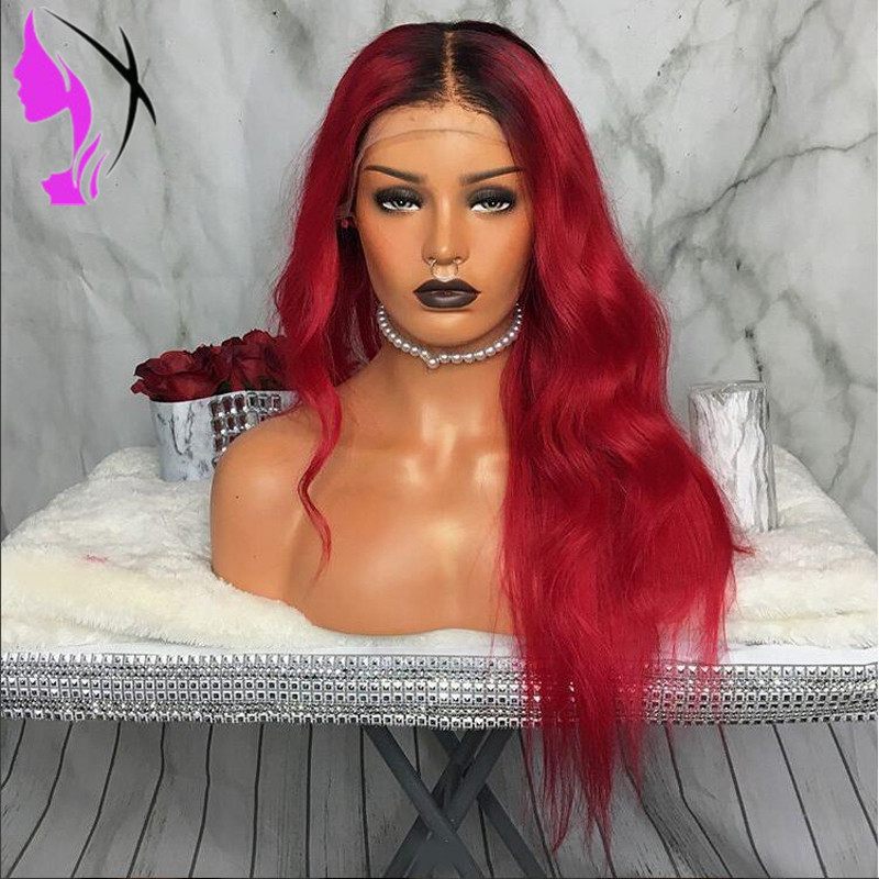 Fashion two tone Simulation Human Hair Wig body Wave Wigs With middle part ombre red color synthetic lace front wig for black women