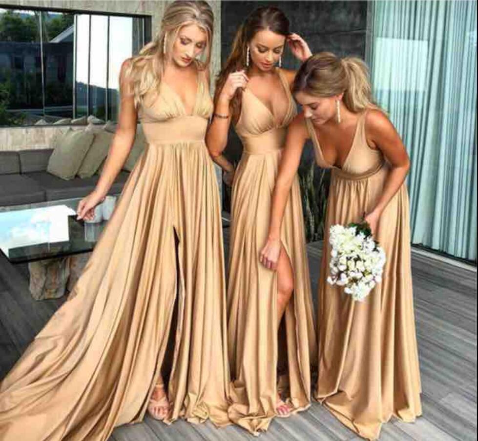 Gold Bridesmaid Dresses Deep V Neck Soft Silk Side Split Sweep Train A Line Sexy Prom Dress Party Wear Junior Bridesmaid Dress от DHgate WW