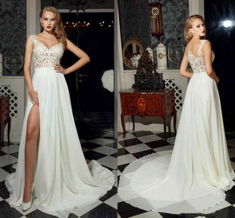 Sexy High Split Chiffon Beach Wedding Dresses Sheer Jewel Neck Illusion Back Country Wedding Gowns See Through A Line Bridal Dresses, Champagne
Sexy High Split Chiffon Beach Wedding Dresses Sheer Jewel Neck Illusion Back Country Wedding Gowns See Through A Line Bridal Dresses, Champagne