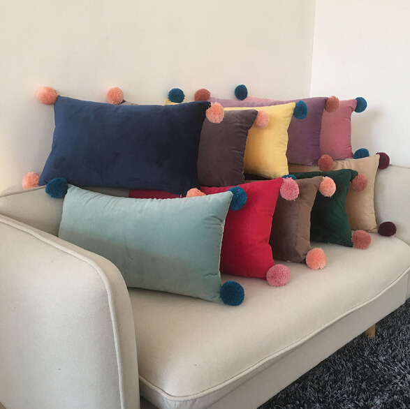 Velvet Cushion Triangle Rectangle Lovely Flush Pompon Ball Cushion Pillow Sofa Car Chair Home Decorative Throw Pillows