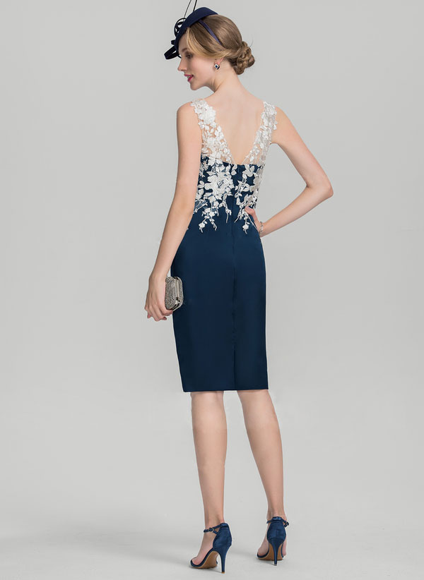 Dark Navy Lace Mother Of The Bride Dresses Sheer Jewel Neck Plus Size Bateau Neck Wedding Guest Dress Knee Length Satin Evening Gowns