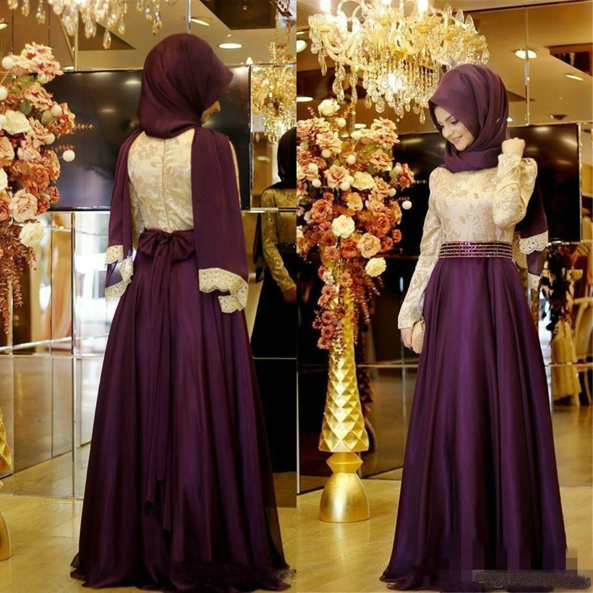 2018 Burgundy Muslim Evening Dresses Long Sleeves Lace Pattern Chiffon Hijab Arabic Prom Dress With Sequined Bow Sash