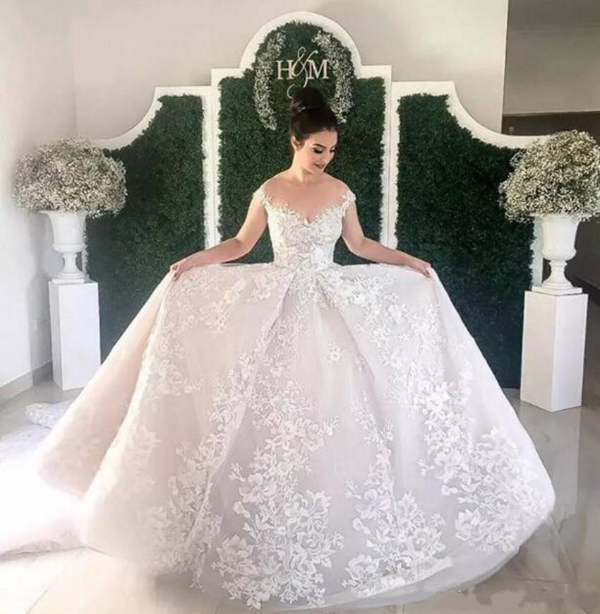 new design wedding dresses saudi arabia lace appliqued sheer neck bridal gowns plus size country court train wedding dress