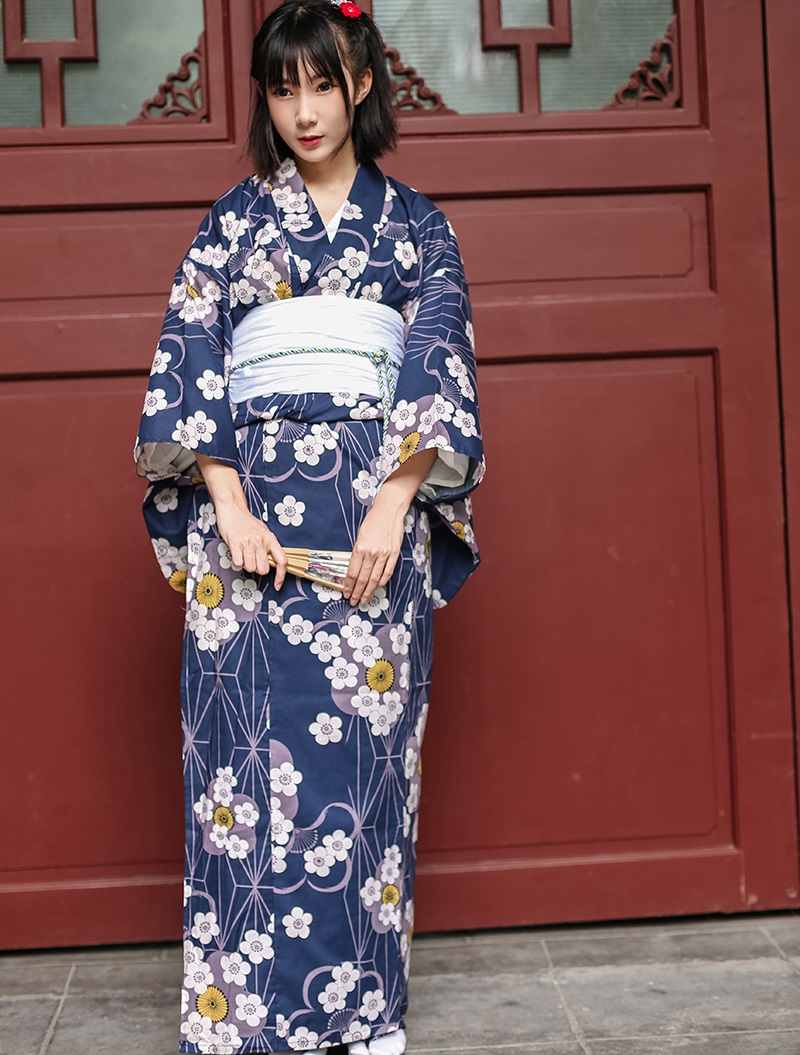 Asian Standard Traditional Japanese Floral Kimono with Obi Women's Cotton Bath Robe Yukata Female Vintage Cosplay Costume Evening Dress