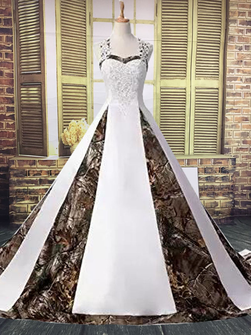 New Camo A Line Wedding Dresses Halter Lace Appliqued Ruffles Court Train Outdoor Wedding Bridal Gowns With Lace-up Back, Same as image
New Camo A Line Wedding Dresses Halter Lace Appliqued Ruffles Court Train Outdoor Wedding Bridal Gowns With Lace-up Back, Same as image