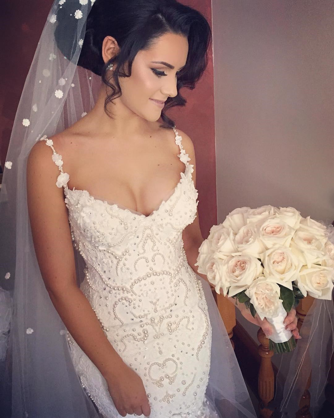 Dresses Spaghetti Mermaid Straps Pearls Beaded Full Lace Appliqued Bridal Gowns Arabic Wedding Dress For Women Custom