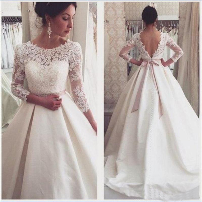 Beaded Lace Satin Backless Wedding Dresses with 3/4 Long Sleeves Court Train Ivory Draped Tulle Crystal Sash Bridal Gowns, White
Beaded Lace Satin Backless Wedding Dresses with 3/4 Long Sleeves Court Train Ivory Draped Tulle Crystal Sash Bridal Gowns, White