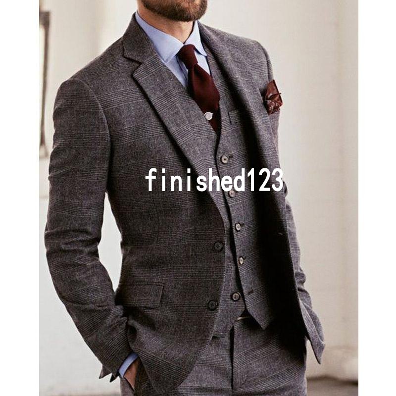 High Quality Two Button Gray Plaid Groom Tuxedos Notch Lapel Groomsmen Mens Wedding Business Prom Suits (Jacket+Pants+Vest+Tie) NO:1392