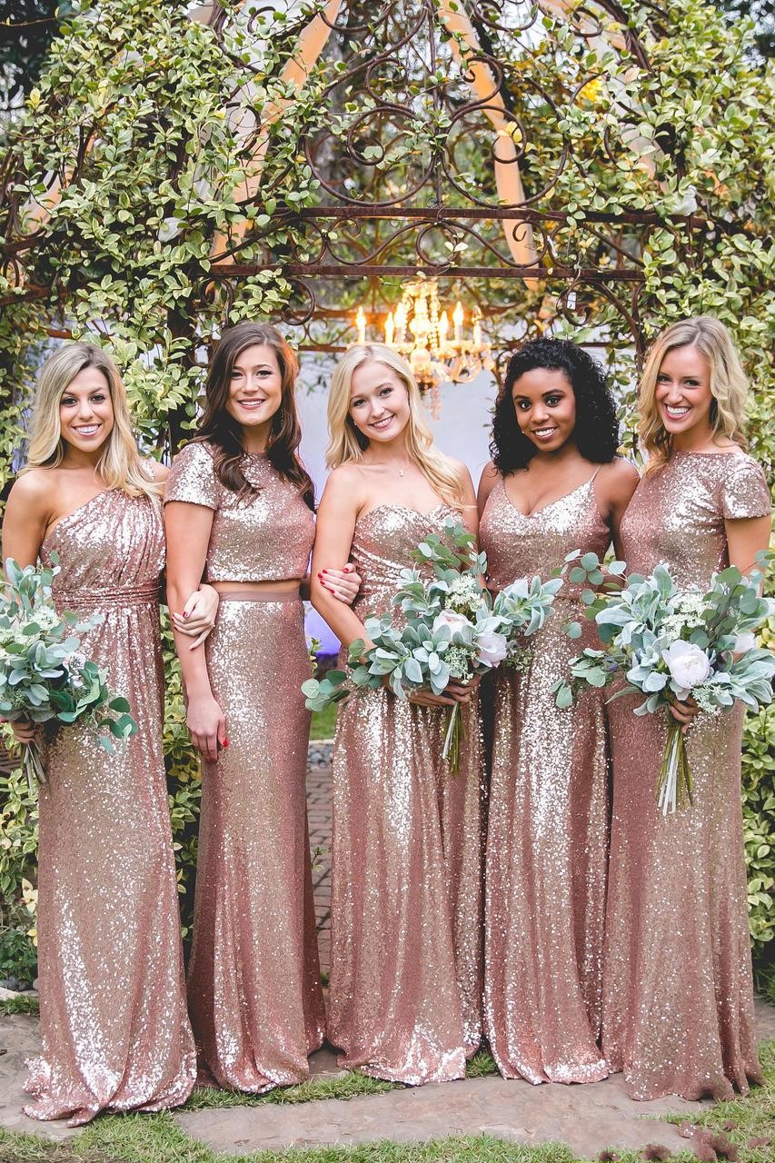 2024 Bg Sparkly Bridesmaid Rose Gold Sequined Cheap Mermaid Two Pieces Backless Sequins Beach Party Dresses Wedding Guest Dress 403 6660311