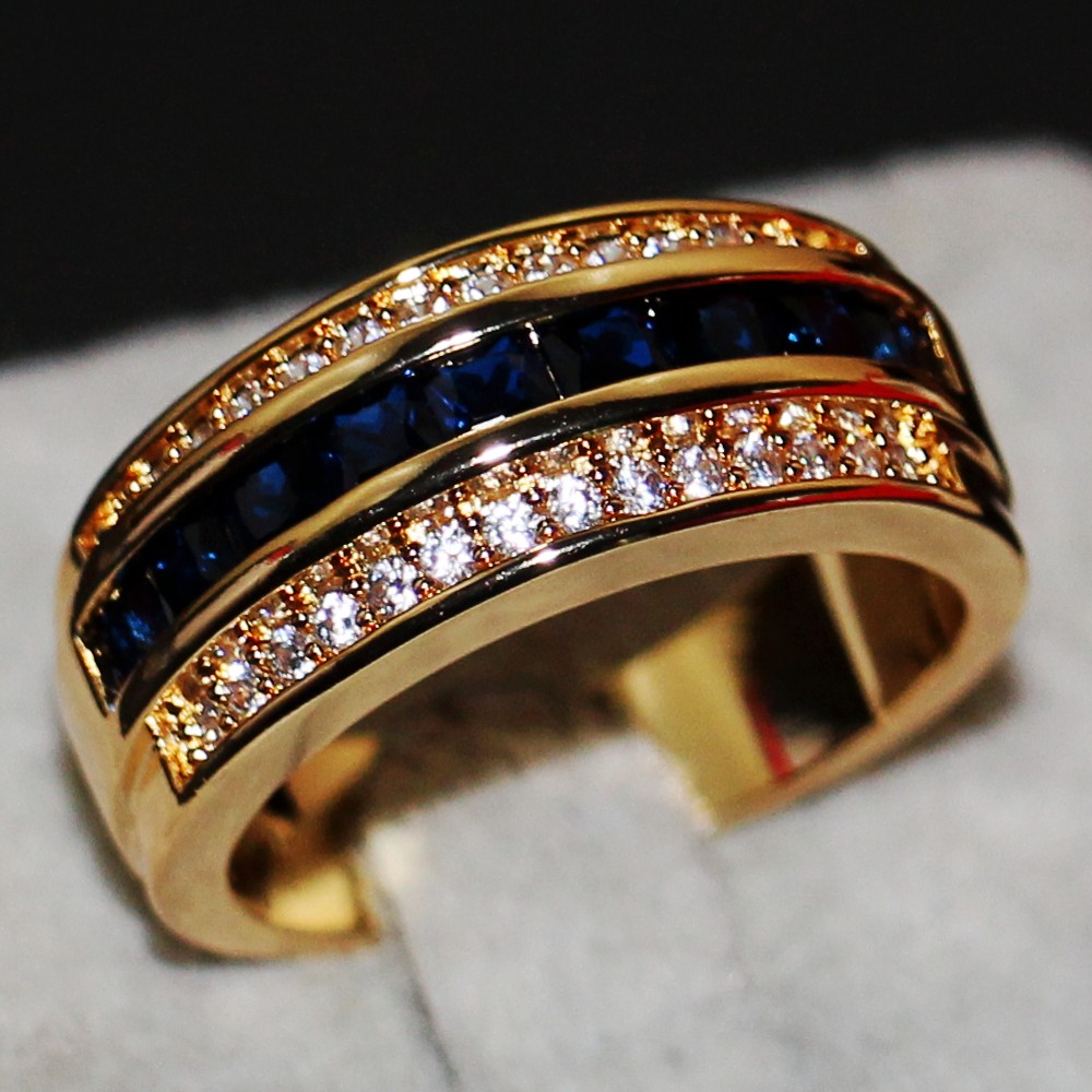 New Arrival Fashion Jewelry Handmade 10KT Yellow Gold Filled Princess Cut Blue Sapphire Party CZ Diamond Men Wedding Band Finger Ring