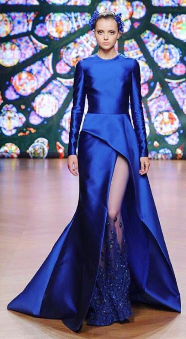 Long Sleeve Designer Prom Dresses Jewel Neck Side Split Crystals Appliqued Blue Taffeta Evening Gowns Custom Made Cocktail Party Dresses