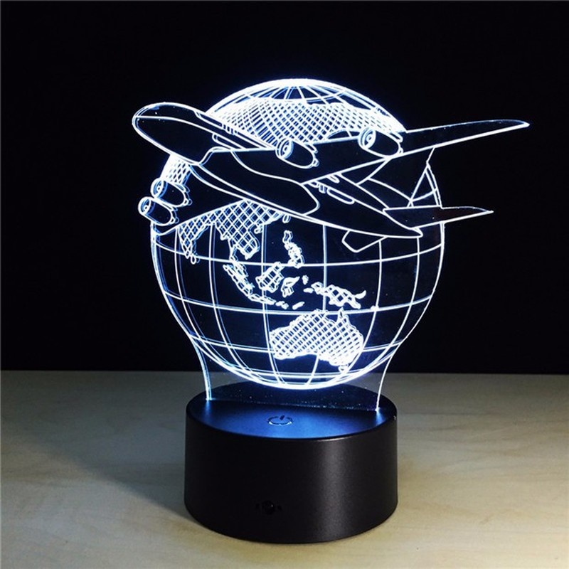 Fly The World Earth Globe Airplane 3D LED Lamp Art Sculpture Lights In Colors 3D Optical Illusion Lamp
