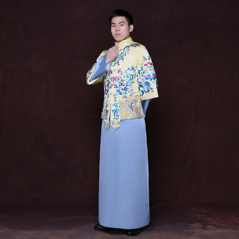 Chinese Traditional Wedding Groom gown robe Suzhou embroidery men clothing Groom wedding Outfit Ethnic clothes Red Beige Blue