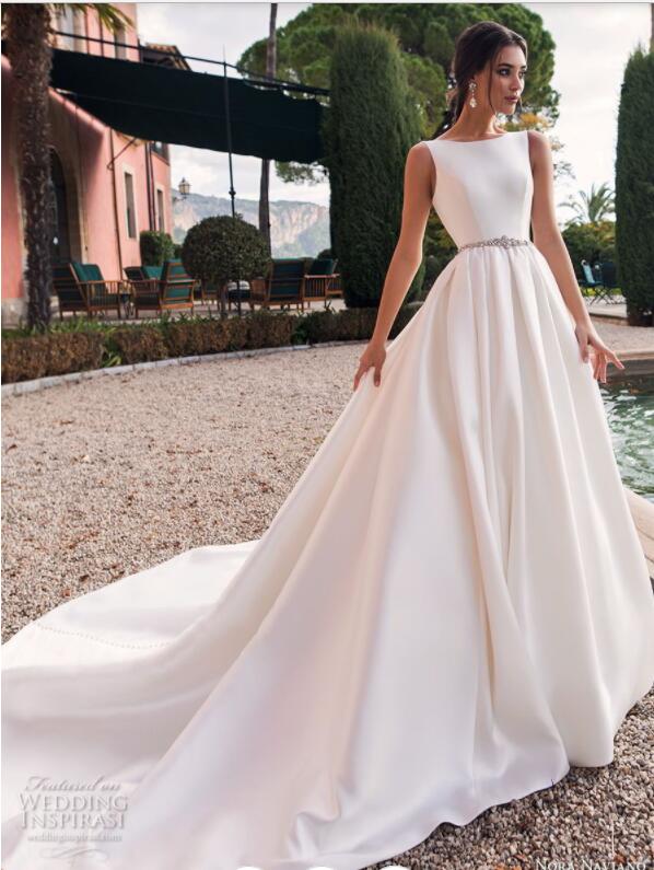 Cheap Satin Wedding Dresses Sexy Backless Jewel Neck Sweep Train Beach Wedding Gowns Belt Crystal Beaded Plus Size Bohemian Bridal Dress